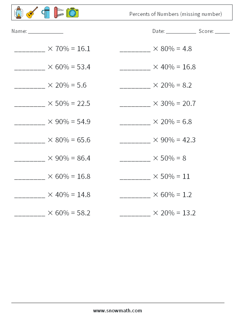 Percents of Numbers (missing number) Math Worksheets 2