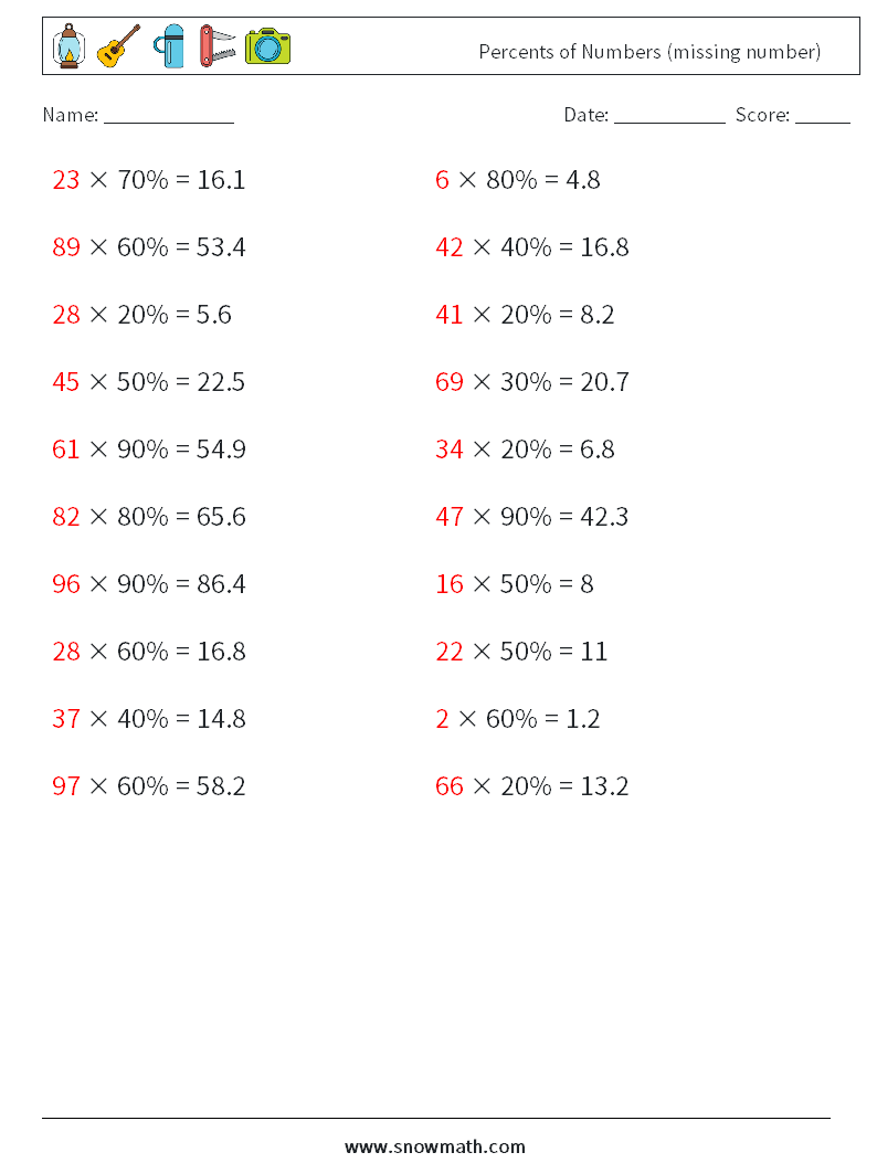 Percents of Numbers (missing number) Math Worksheets 2 Question, Answer