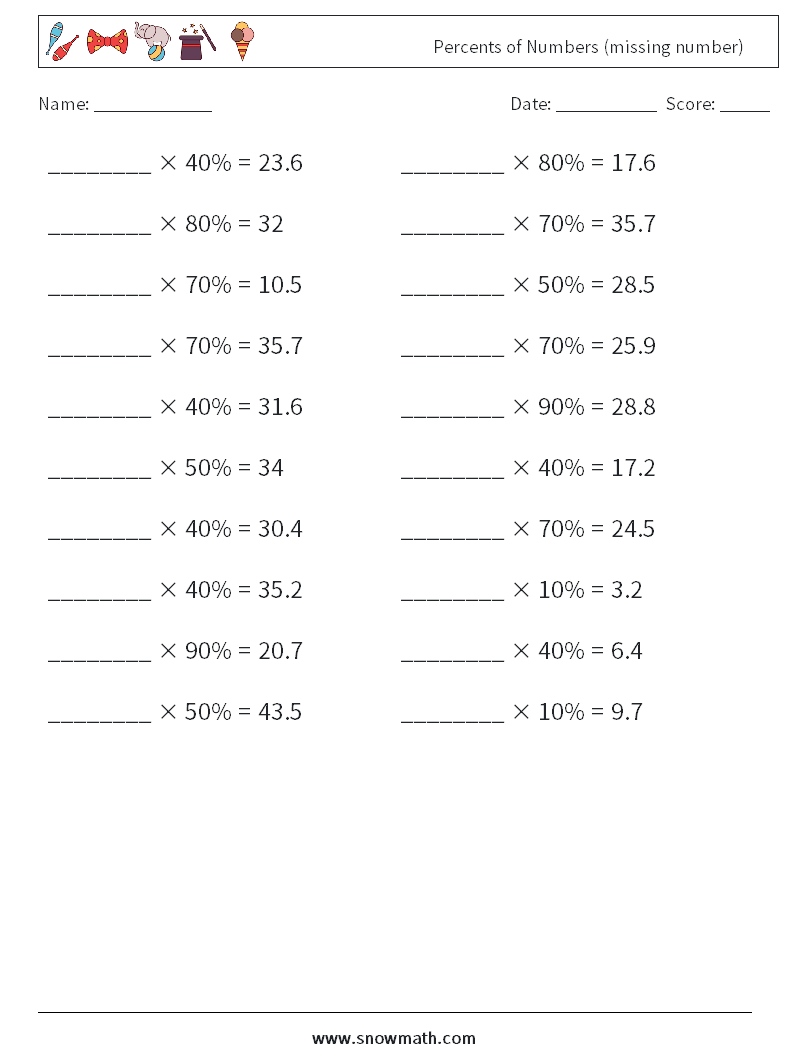 Percents of Numbers (missing number) Math Worksheets 3