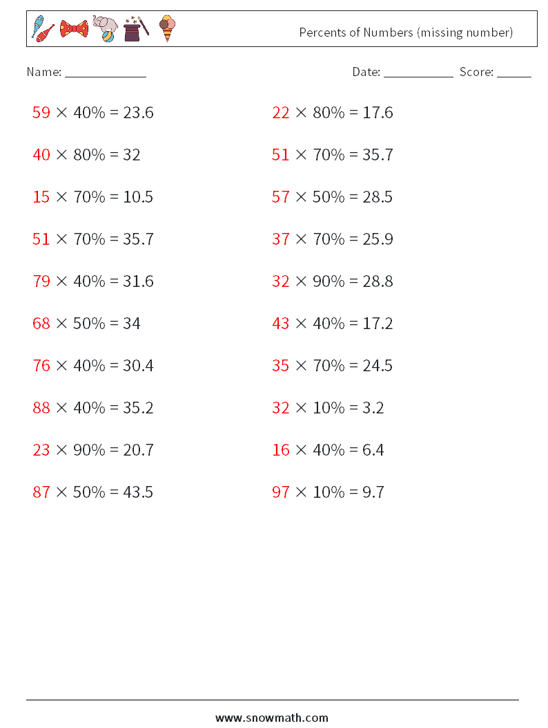 Percents of Numbers (missing number) Math Worksheets 3 Question, Answer