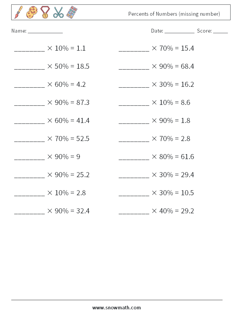 Percents of Numbers (missing number) Math Worksheets 5