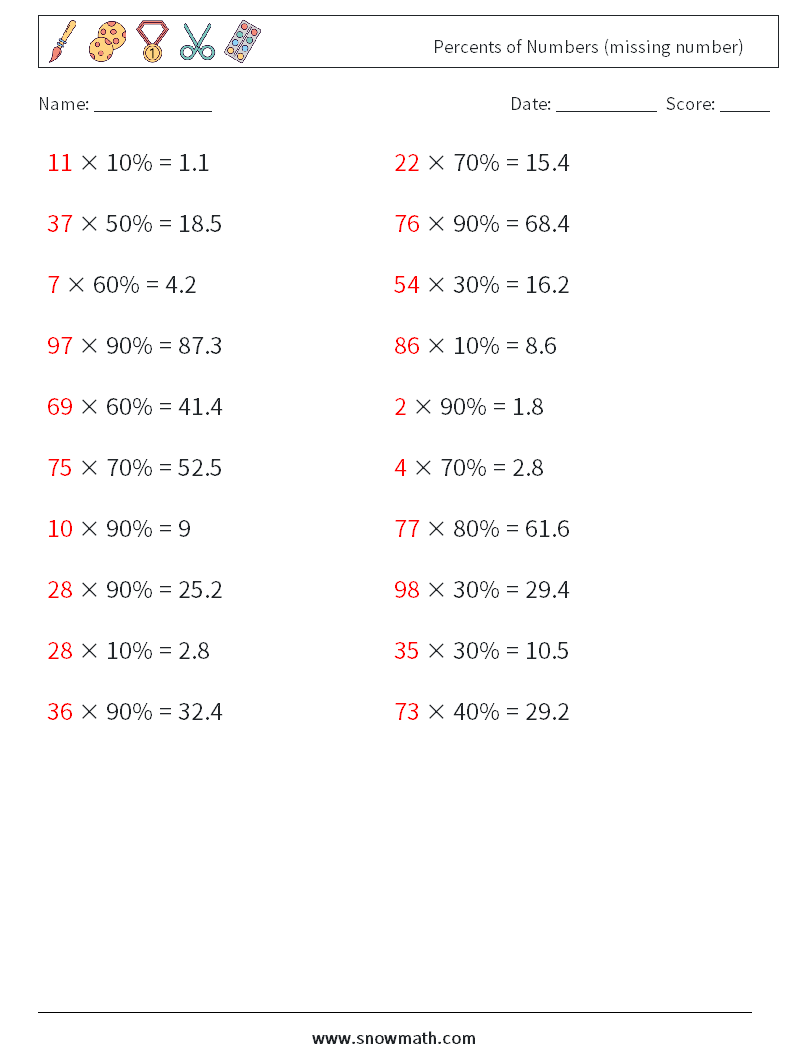 Percents of Numbers (missing number) Math Worksheets 5 Question, Answer