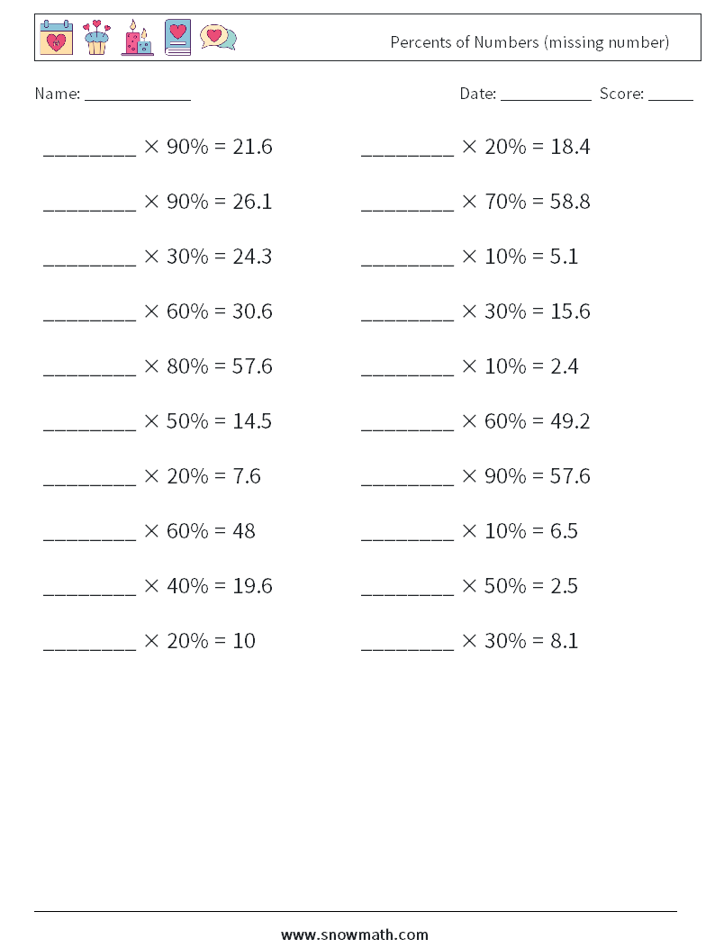 Percents of Numbers (missing number) Math Worksheets 6
