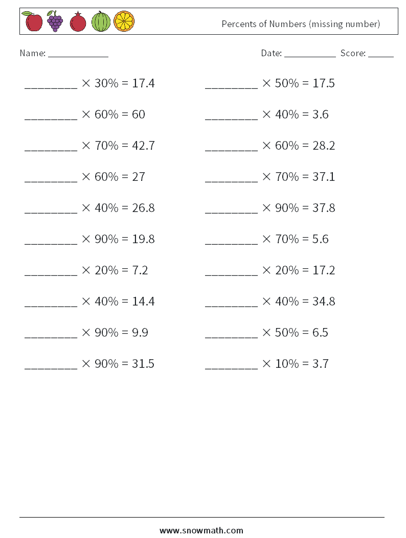 Percents of Numbers (missing number) Math Worksheets 7