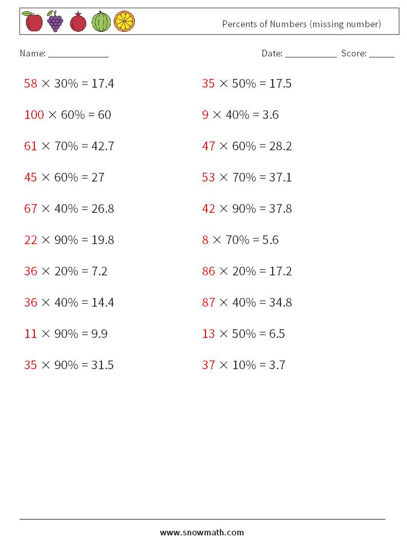 Percents of Numbers (missing number) Math Worksheets 7 Question, Answer