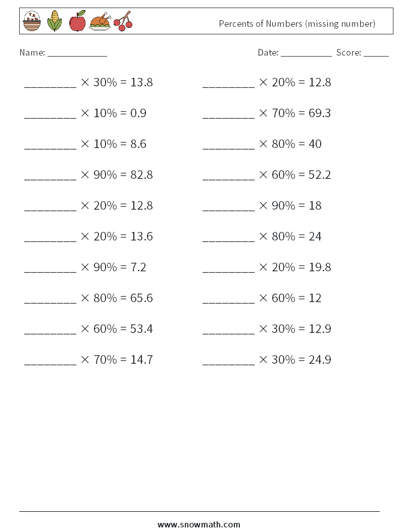 Percents of Numbers (missing number) Math Worksheets 8