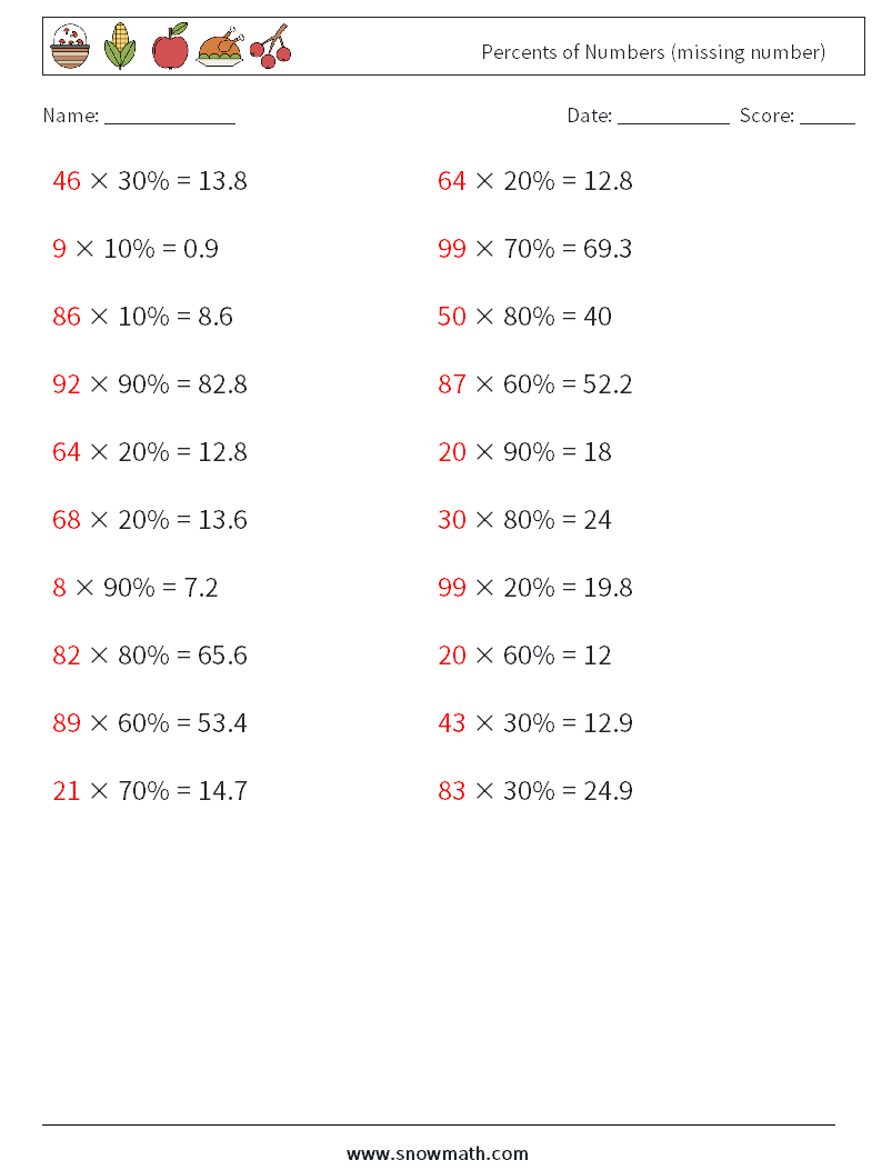 Percents of Numbers (missing number) Math Worksheets 8 Question, Answer