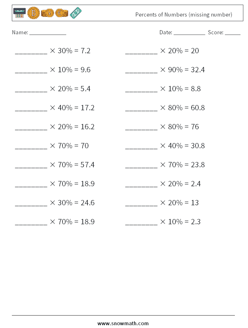 Percents of Numbers (missing number) Math Worksheets 9