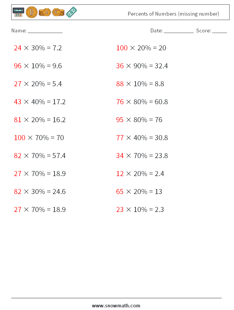 Percents of Numbers (missing number) Math Worksheets 9 Question, Answer