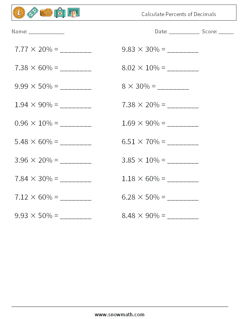 Calculate Percents of Decimals Math Worksheets 1