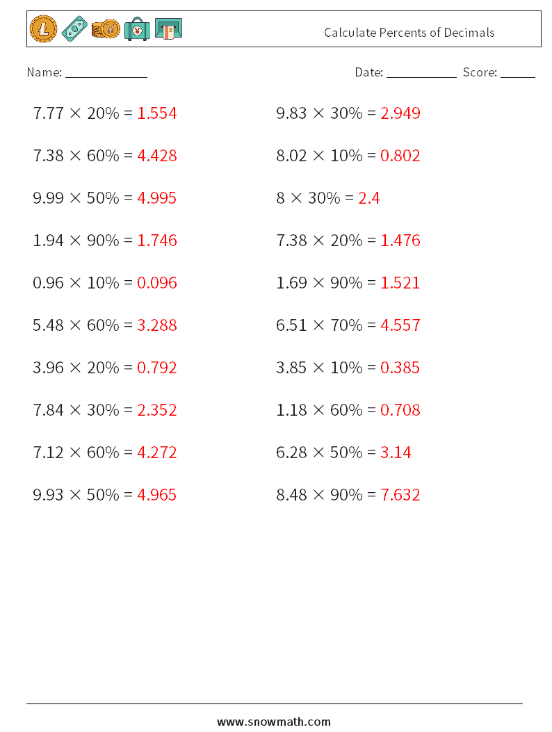 Calculate Percents of Decimals Math Worksheets 1 Question, Answer