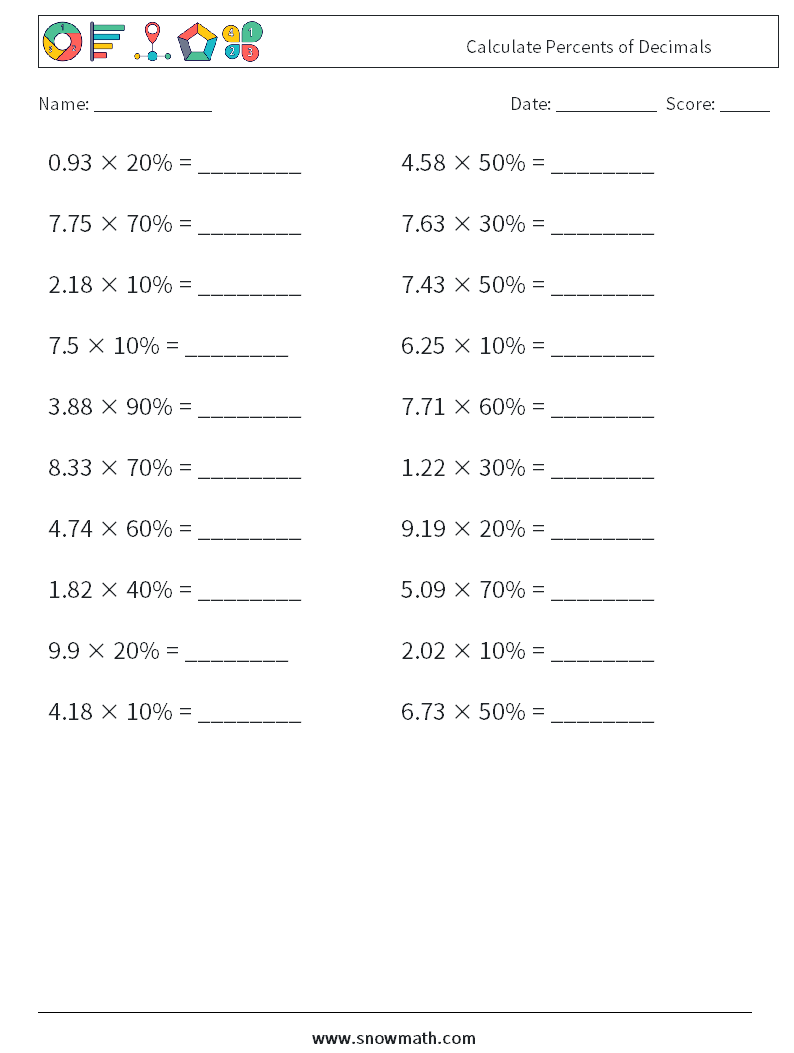 Calculate Percents of Decimals Math Worksheets 2