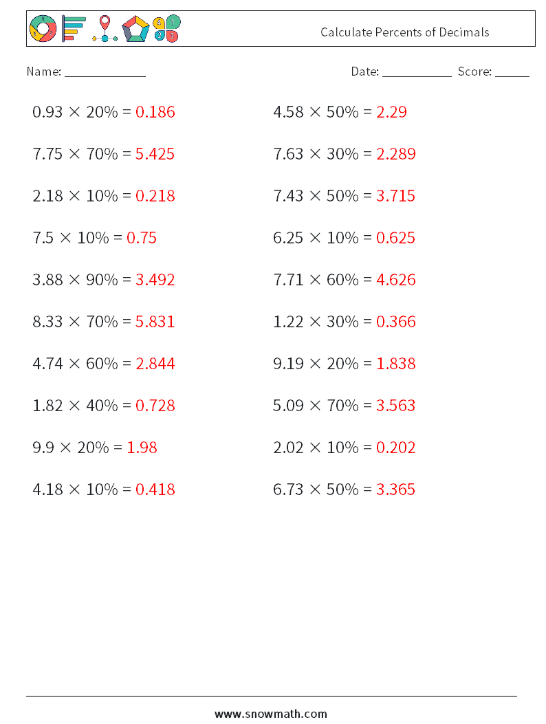 Calculate Percents of Decimals Math Worksheets 2 Question, Answer