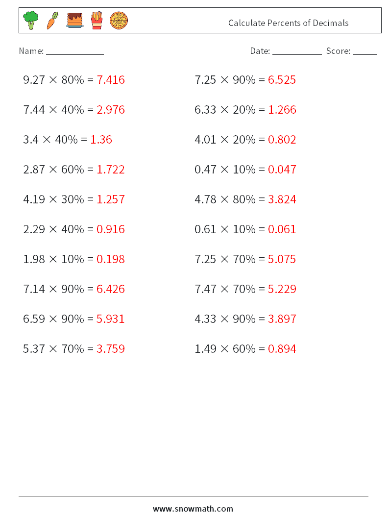 Calculate Percents of Decimals Math Worksheets 3 Question, Answer