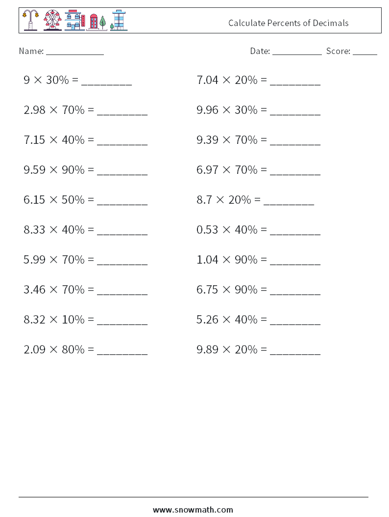 Calculate Percents of Decimals Math Worksheets 4