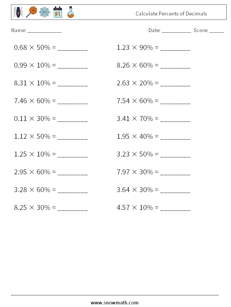 Calculate Percents of Decimals Math Worksheets 5