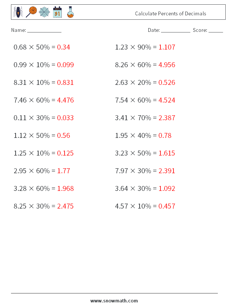 Calculate Percents of Decimals Math Worksheets 5 Question, Answer