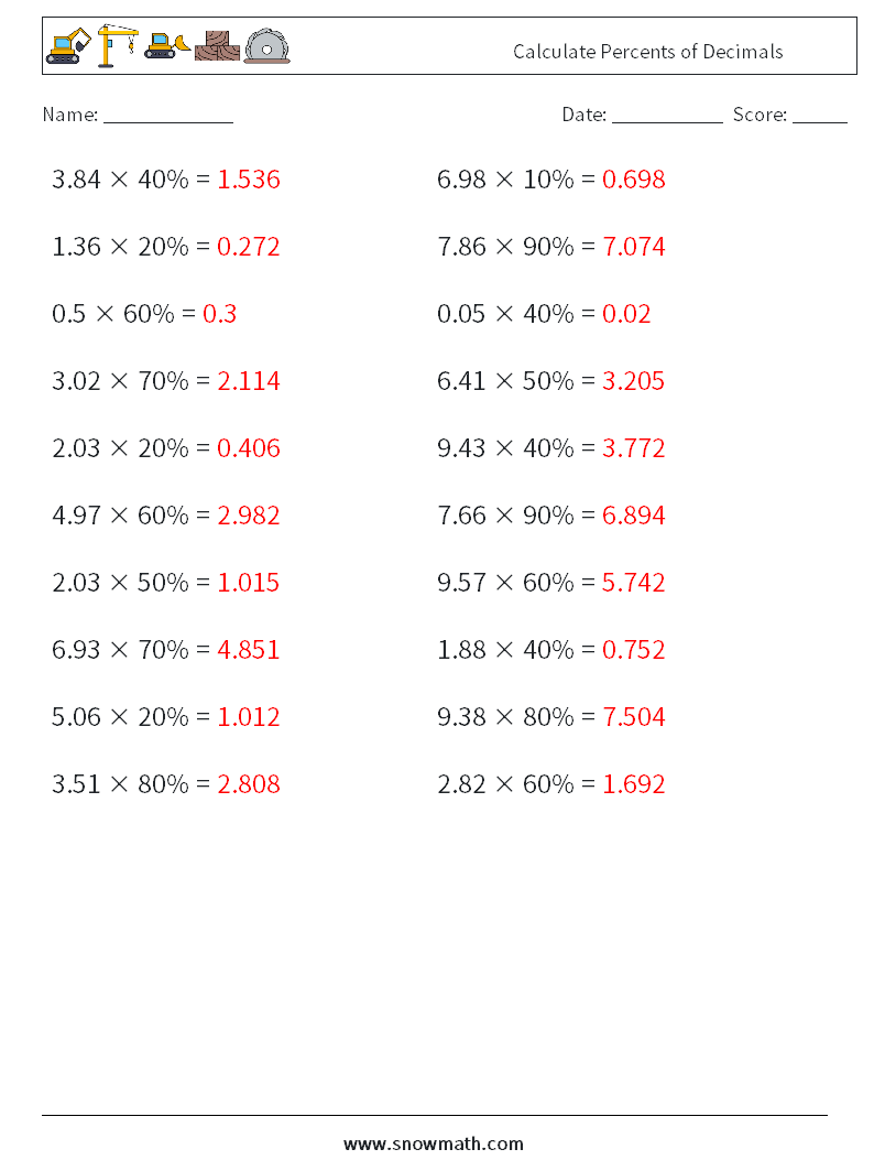 Calculate Percents of Decimals Math Worksheets 6 Question, Answer