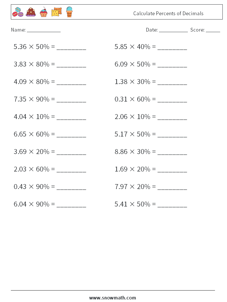 Calculate Percents of Decimals Math Worksheets 7