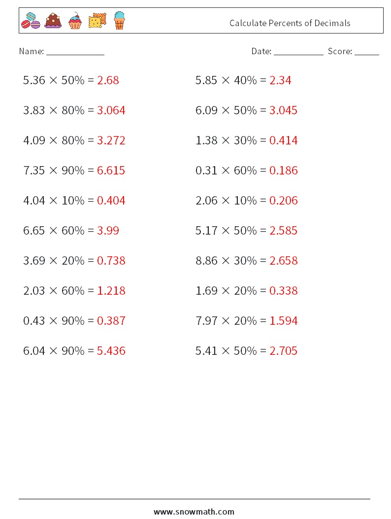 Calculate Percents of Decimals Math Worksheets 7 Question, Answer