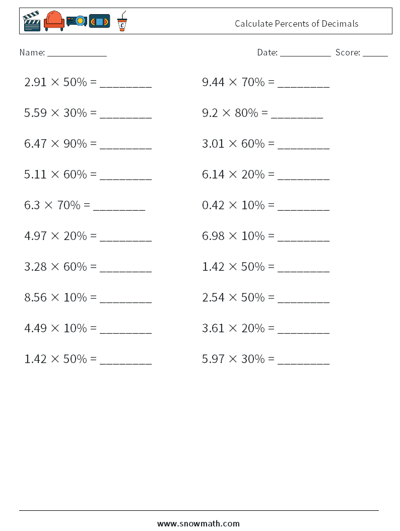 Calculate Percents of Decimals Math Worksheets 8