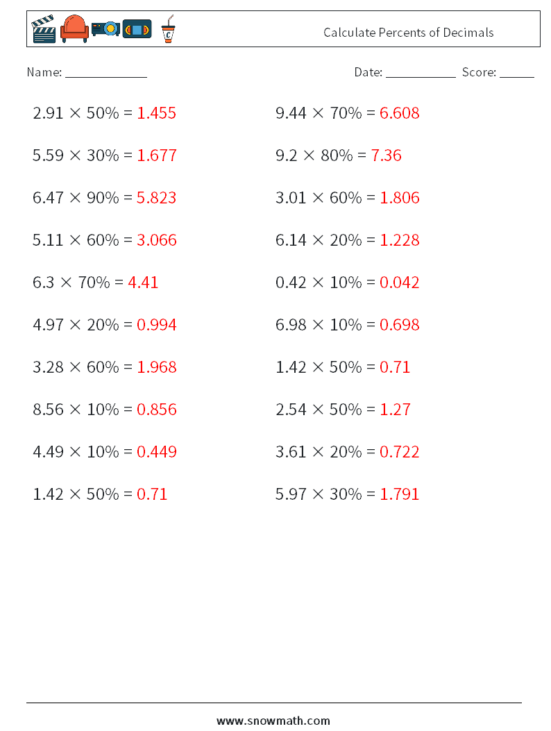 Calculate Percents of Decimals Math Worksheets 8 Question, Answer