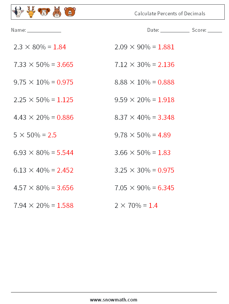 Calculate Percents of Decimals Math Worksheets 9 Question, Answer