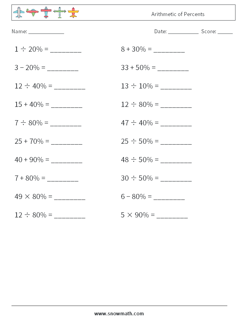 Arithmetic of Percents Math Worksheets 1
