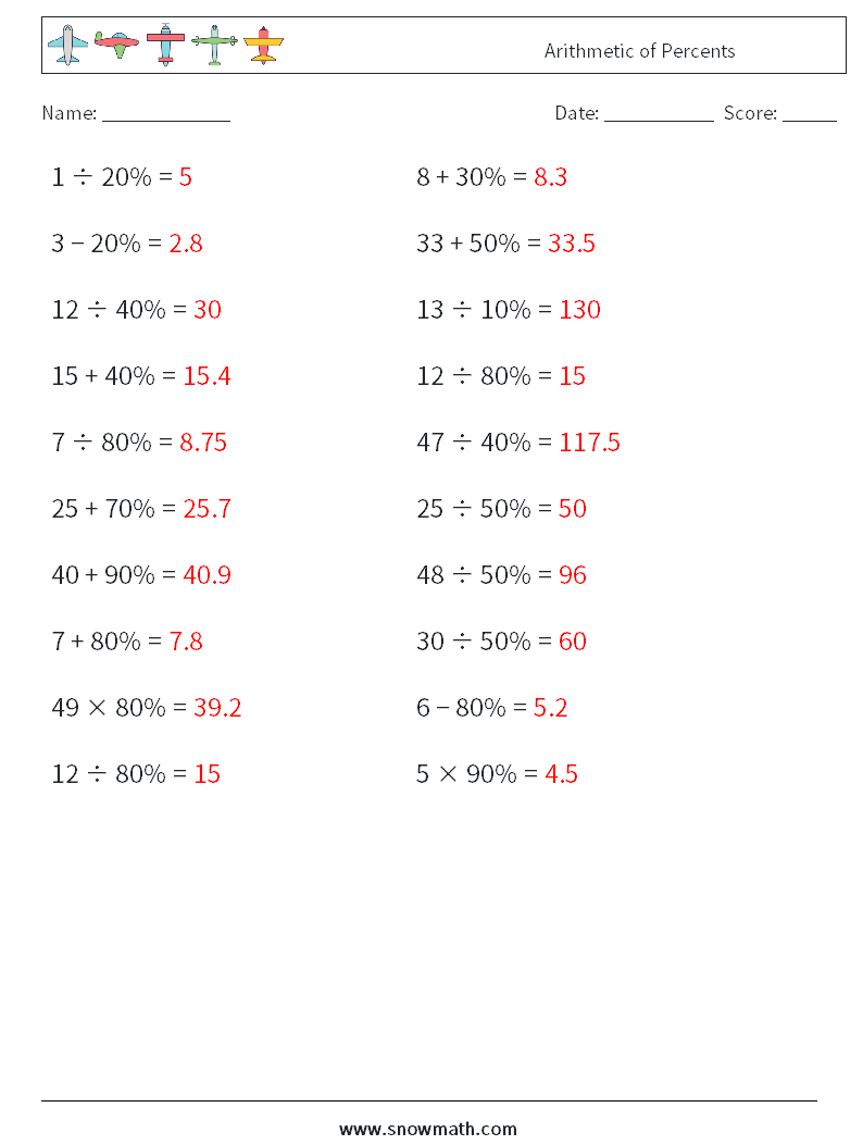 Arithmetic of Percents Math Worksheets 1 Question, Answer