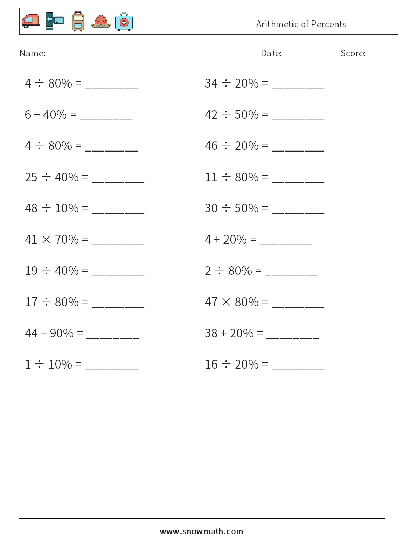 Arithmetic of Percents Math Worksheets 2