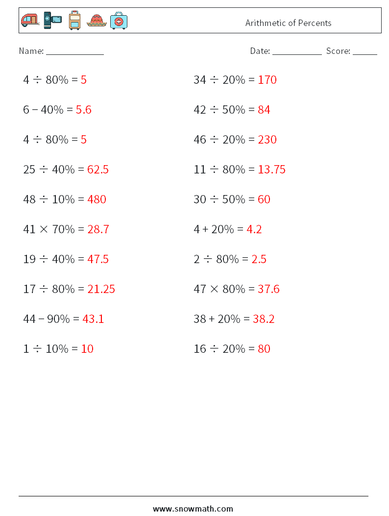 Arithmetic of Percents Math Worksheets 2 Question, Answer