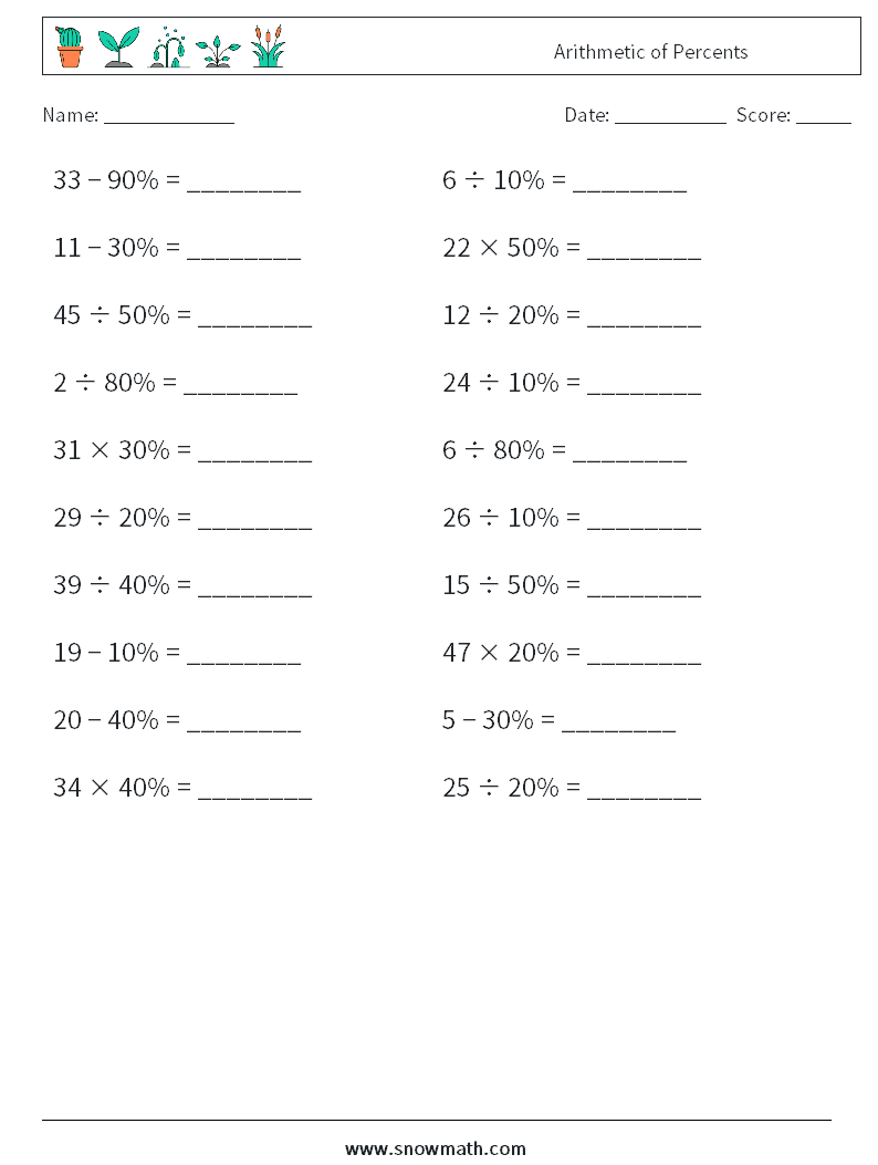 Arithmetic of Percents Math Worksheets 3
