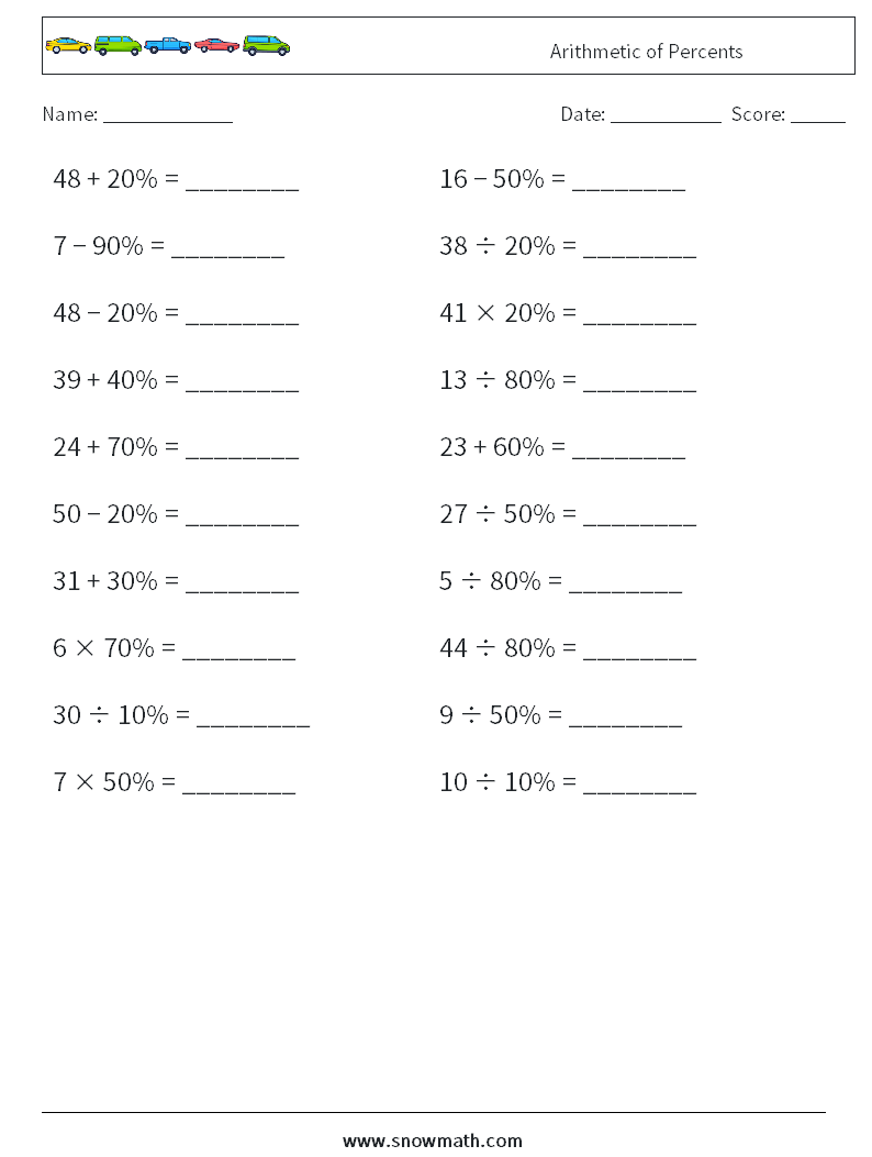 Arithmetic of Percents Math Worksheets 4