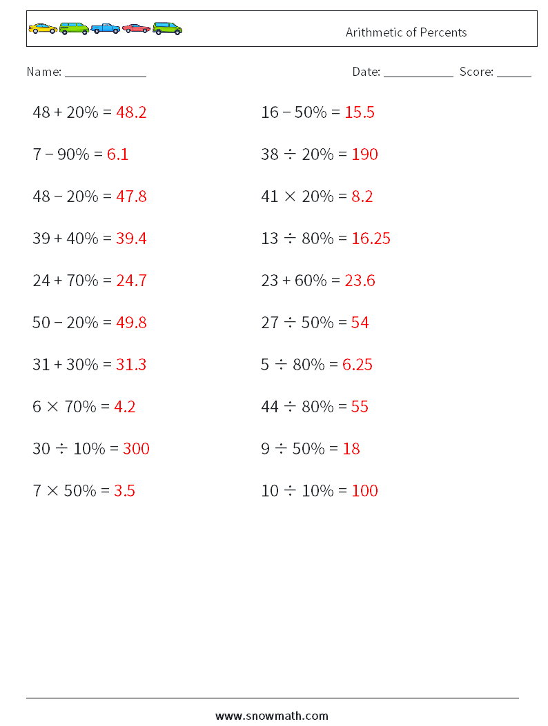 Arithmetic of Percents Math Worksheets 4 Question, Answer