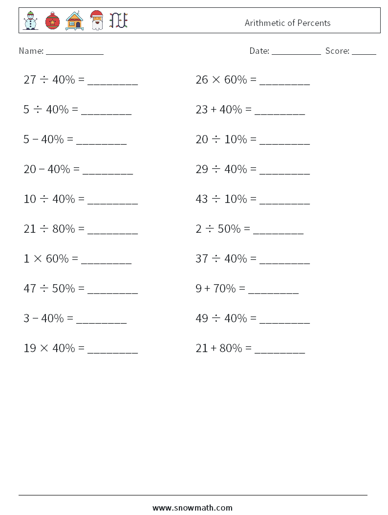 Arithmetic of Percents Math Worksheets 5