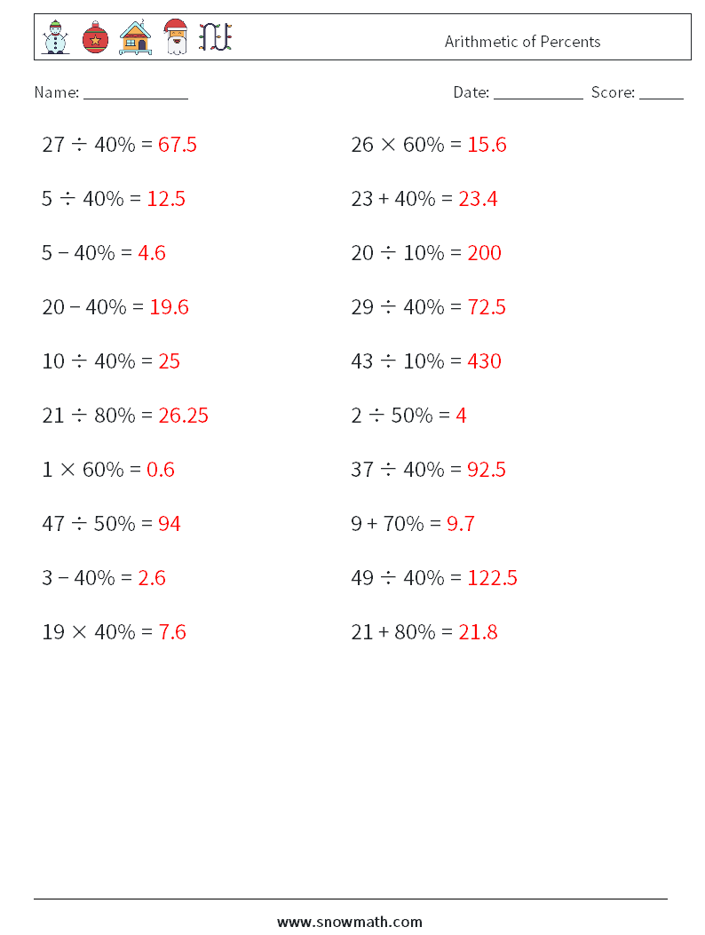 Arithmetic of Percents Math Worksheets 5 Question, Answer