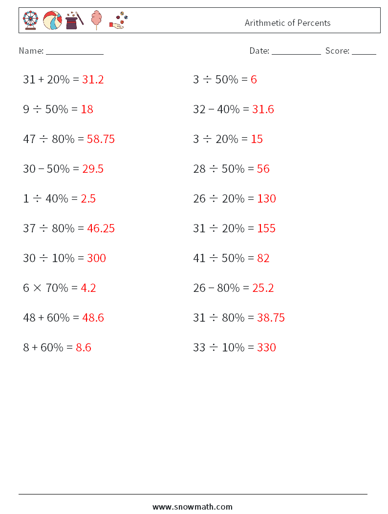 Arithmetic of Percents Math Worksheets 6 Question, Answer