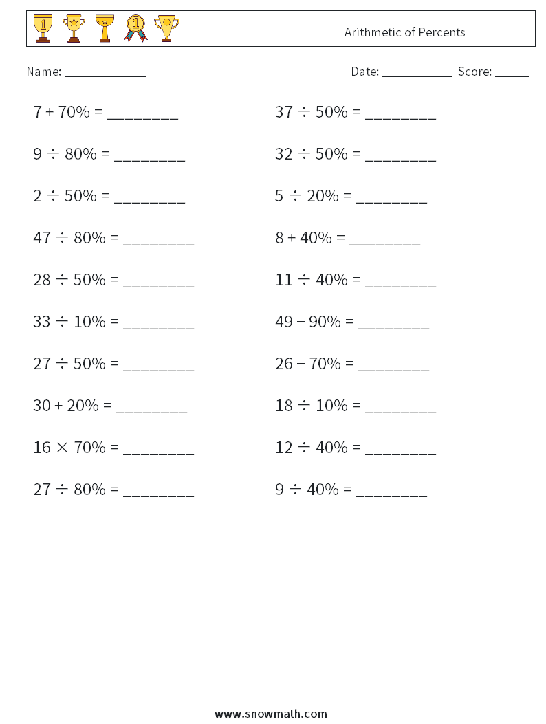 Arithmetic of Percents Math Worksheets 7