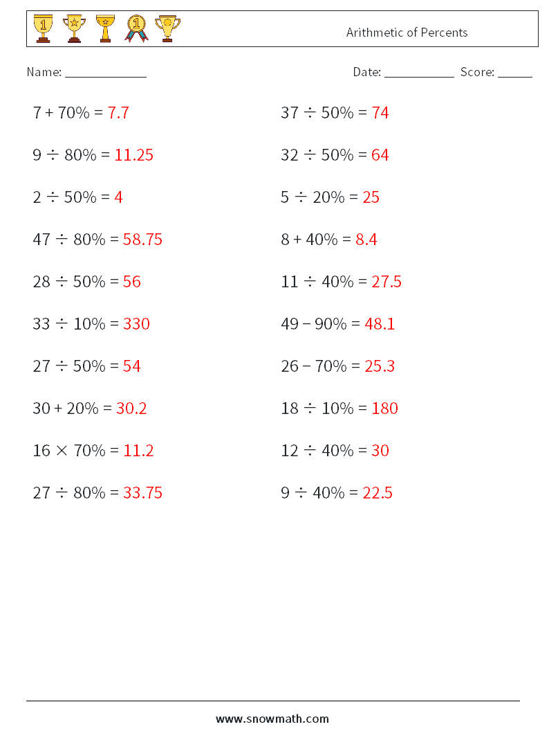 Arithmetic of Percents Math Worksheets 7 Question, Answer
