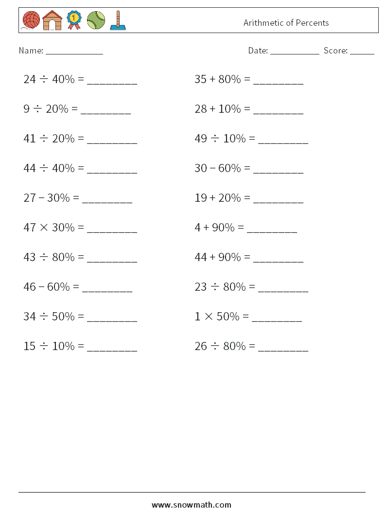 Arithmetic of Percents Math Worksheets 8