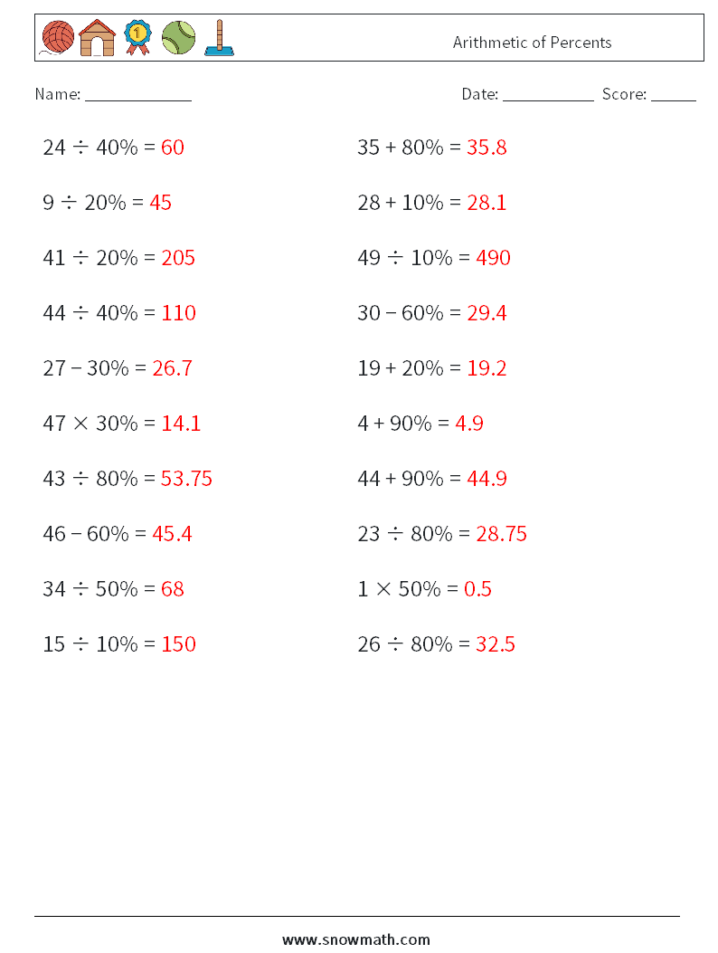 Arithmetic of Percents Math Worksheets 8 Question, Answer