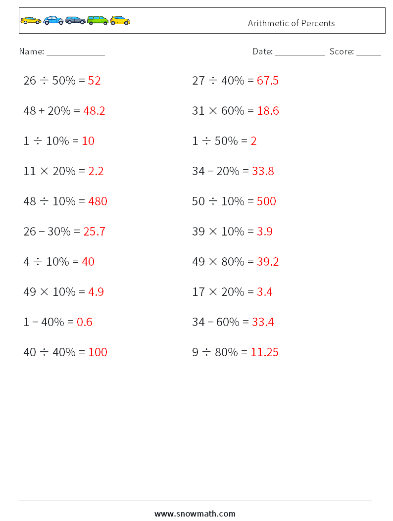 Arithmetic of Percents Math Worksheets 9 Question, Answer