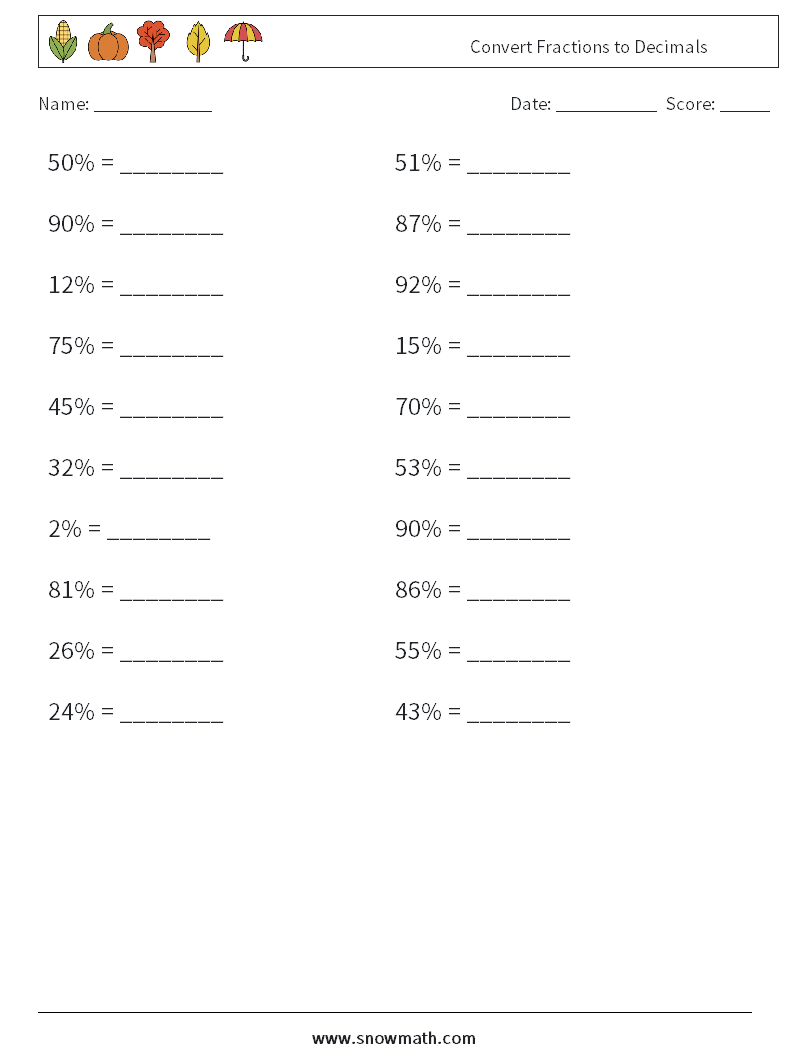 Convert Fractions to Decimals Math Worksheets 1