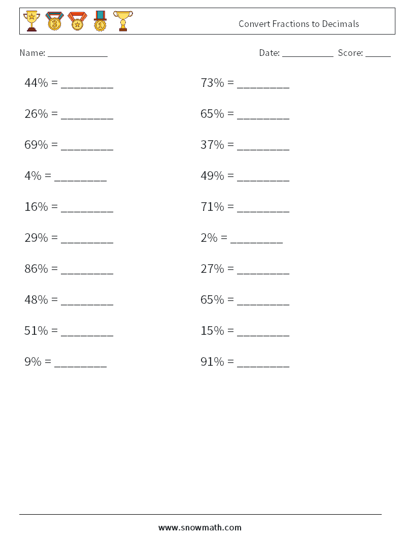 Convert Fractions to Decimals Math Worksheets 2