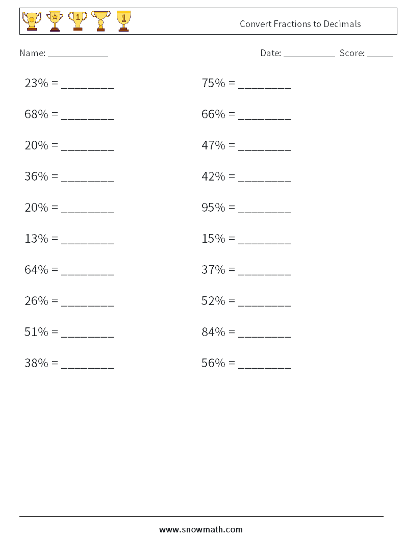 Convert Fractions to Decimals Math Worksheets 4