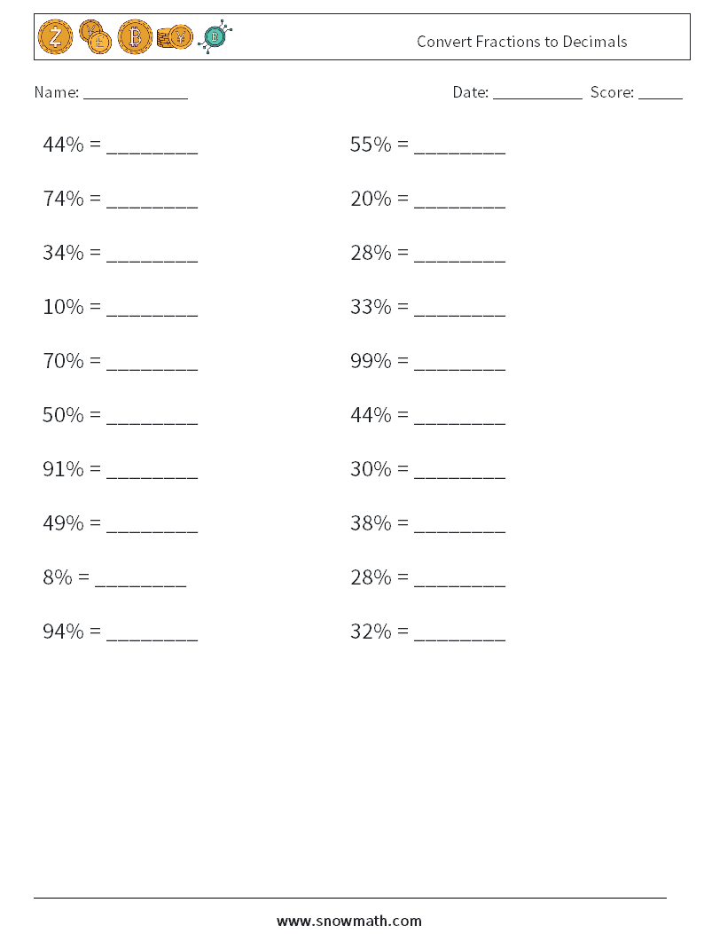 Convert Fractions to Decimals Math Worksheets 6