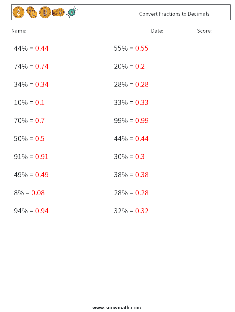 Convert Fractions to Decimals Math Worksheets 6 Question, Answer