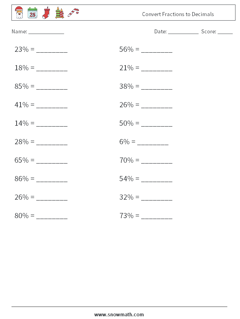 Convert Fractions to Decimals Math Worksheets 8