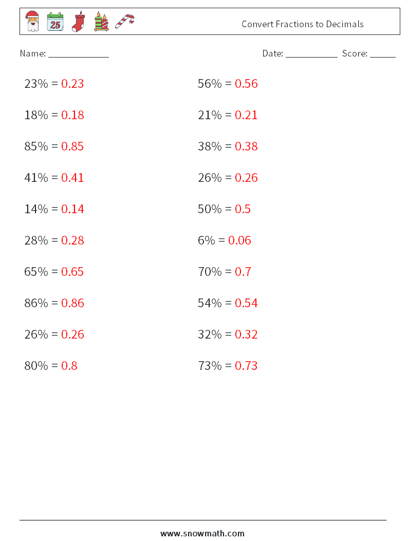 Convert Fractions to Decimals Math Worksheets 8 Question, Answer