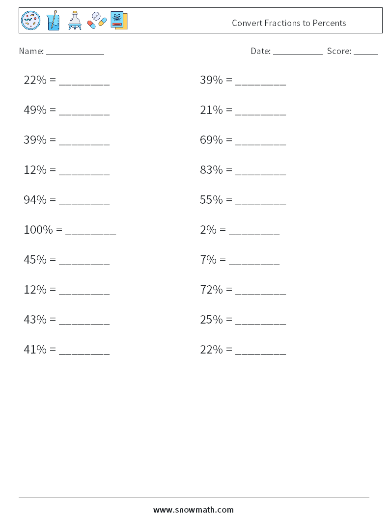 Convert Fractions to Percents Math Worksheets 1